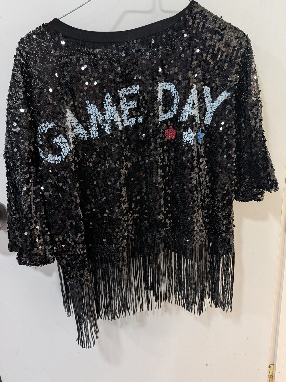 Timing Black Sequin 'GAME DAY' Fringe Top with White and Red Accents